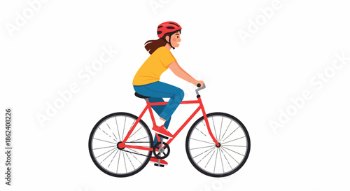A woman in a yellow shirt and red helmet riding a red bicycle against a clean white background with a simple and active mood.