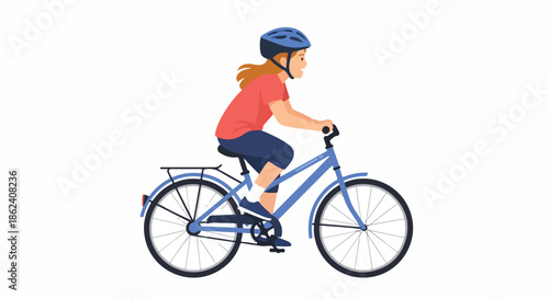A young girl wearing a helmet rides a blue bicycle with a rack on a white background, captured in a flat illustration style with a playful mood.
