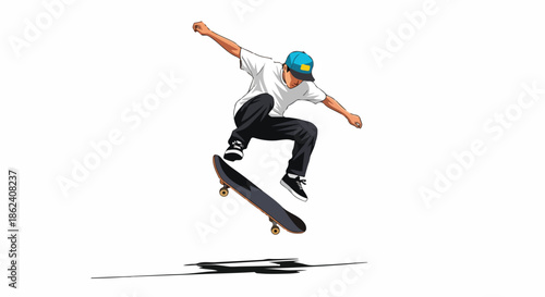 A young man in a blue helmet performs a skateboarding trick with outstretched arms on a white background.