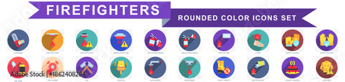 Firefighters rounded flat color icons set. contain fire alarm, beacon, safety goggle, harnes, helmet, fire monitor, hose and more. Vector for modern concept, print, UI, UX kit, web and app development