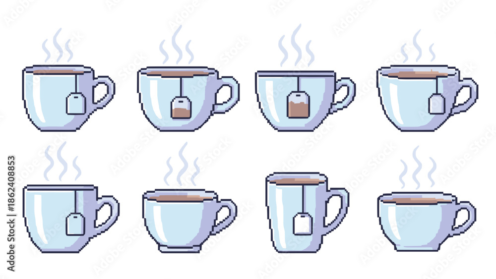 Fototapeta premium Pixel art collection of eight steaming hot tea cups with tea bags