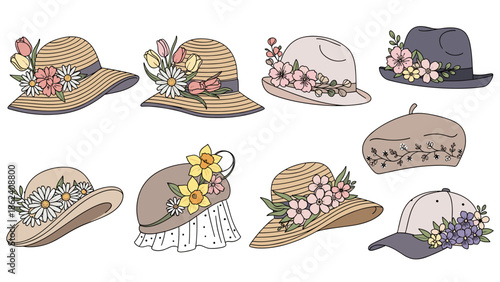Collection of nine different womens hats decorated with flowers