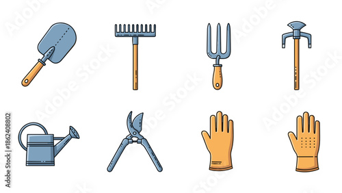 Set of garden tools and equipment icons for planting and cultivation