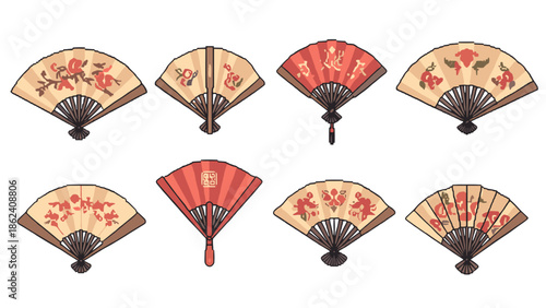 Collection of eight traditional japanese and chinese folding hand fans with floral patterns
