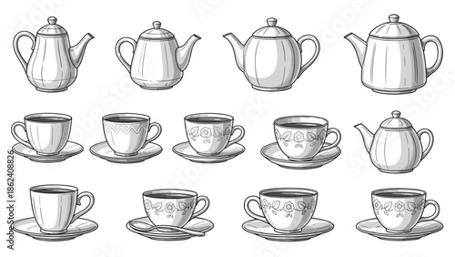 Collection of handdrawn teapots and teacups with saucers