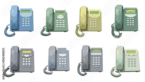 Set of eight different colored desk telephones with keypads and displays