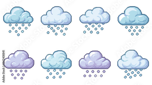 Set of eight cartoon clouds with raindrops icons