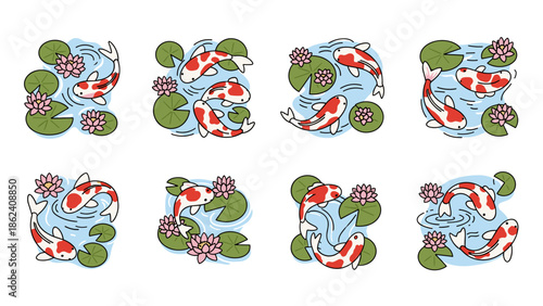 Set of eight koi fish swimming in water with lily pads and flowers