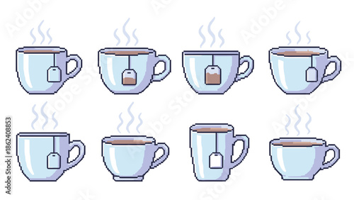 Pixel art collection of eight steaming hot tea cups with tea bags