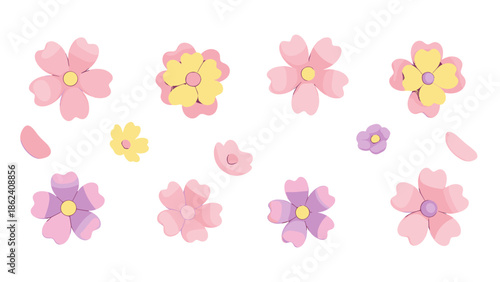Set of cute paper craft cherry blossoms in pink, yellow, and purple hues