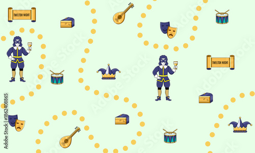 Twelfth Night Shakespearean patterns and element set featuring court jester, lute, theater masks, and medieval symbols.