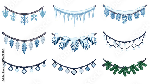 Set of nine winter holiday garlands, banners, and decorations for christmas and new year