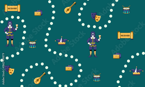 Twelfth Night Shakespearean patterns and element set featuring court jester, lute, theater masks, and medieval symbols.