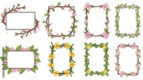 Set of eight handdrawn floral and twig frames for spring and wedding invitations