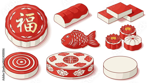 Assortment of traditional chinese new year cakes and pastries illustration