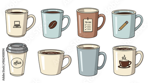 Collection of eight different coffee mugs and cups with various designs