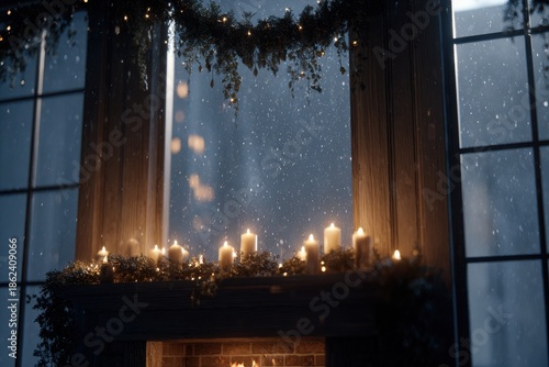 Cozy Fireplace Glows with Candles Amidst Christmas Decorations and Snow