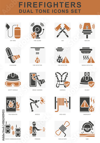 Firefighters dual tone icons set. contain fire alarm, beacon, safety goggle, harnes, helmet, fire monitor, hose and more. Vector for modern concept, print, UI, UX kit, web and app development.