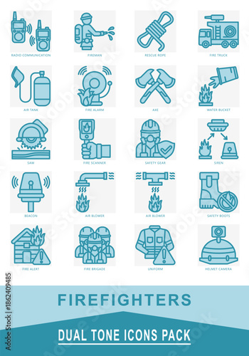 Firefighters dual tone icons set. contain fire alarm, beacon, fire truck, axe, helmet, uniform, helmet camera, rescue rope and more. Vector for modern concept, print, UI, UX kit, web and app developme