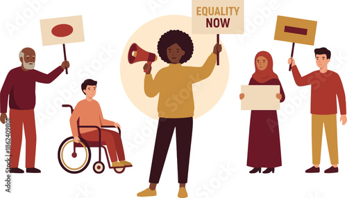 Diverse Group Protesters Holding Signs and Megaphone for Equality