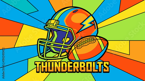 Bright colorful sports-themed illustration featuring football helmet and lightning bolt