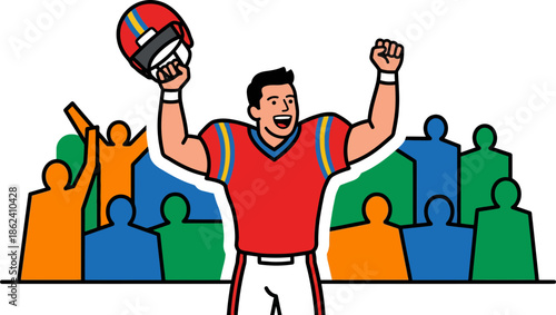 Cheerful Man Celebrating Victory with Sports Helmet in Front of Crowd