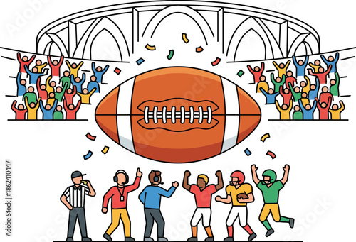 Crowd of enthusiastic sports fans celebrating at a football stadium