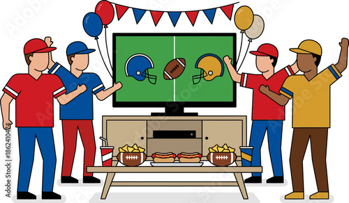 Friends Playing Video Games at a Party with Snacks and Decorations