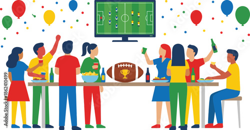 Group of Diverse People Celebrating with Football Tournament and Party Decor