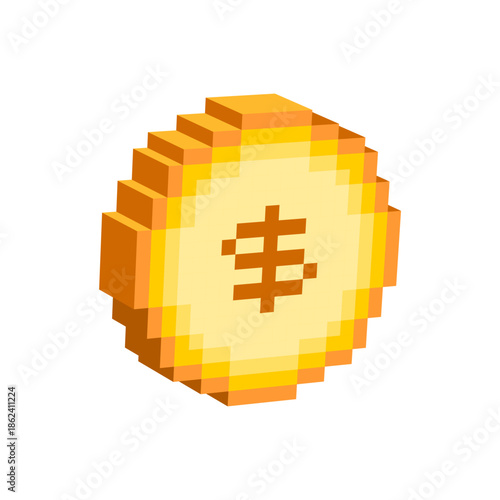 Isometric 3D pixel gold coin icon. Pixel art of gold coin with dollar symbol 8 bit logo.