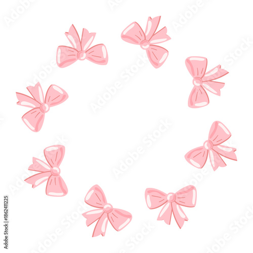Vector round frame made of pink bows, with space for text, on white background, perfect for Valentine cards, wedding invitations, posters, packaging, gift wrapping and festive romantic designs