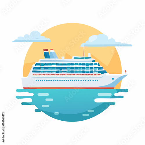 Vector Illustration of a White Cruise Ship Sailing.
