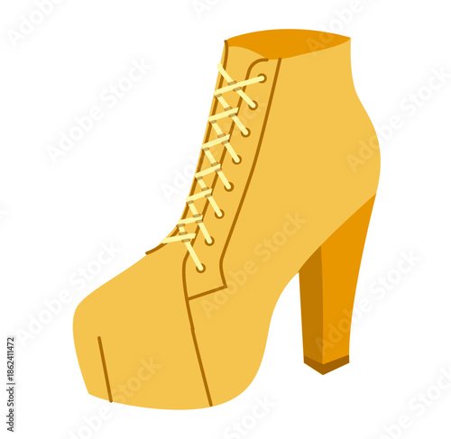 Yellow platform ankle boot women flat shoe. Lace up high heel footwear for clubbing, trendy street outfit. Technical fashion illustration, CAD mockup, smooth vector men unisex isolated edgy style.