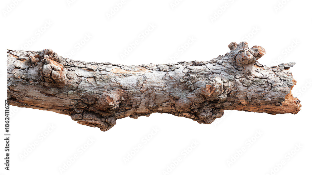 Fototapeta premium A weathered tree log with intricate textures, isolated on a white background.