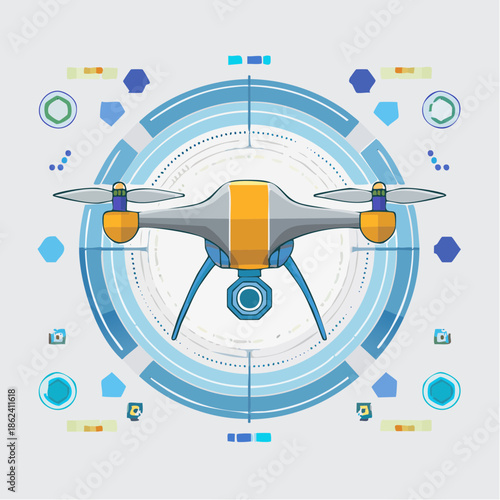 Vector Illustration of Modern Drone with Camera and Propellers.