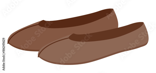Brown moccasin shoe women flat pair. Soft round toe casual footwear for weekend errands city stroll. Technical fashion illustration CAD mockup soft vector man unisex isolated contemporary style.