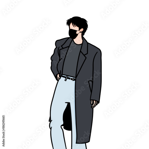 Vector illustration kpop idol airport fashion. A handsome male kpop idol outfit wearing a black mask while looking to the side and arms around his waist.