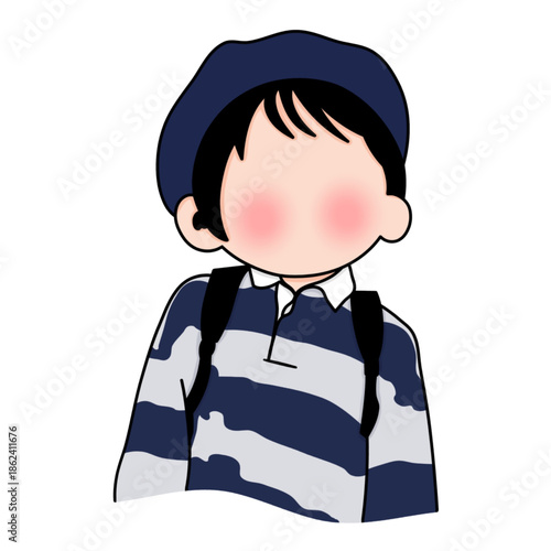 Chibi art illustration of a Korean kpop idol. A cute male kpop idol at a concert wearing a hat and striped shirt.