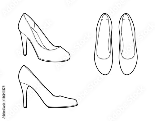 Pump and heel styles women single line pair. Stiletto variations with curved vamp learning, professional reference. Technical fashion illustration CAD mockup vector men unisex isolated classic style
