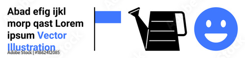 Emotional expression, gardening, positivity, goal achievement, abstract communication, simple design. Blue happy face, black watering can and blue flag on white. Emotional expression and gardening