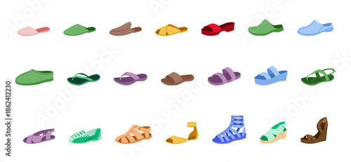 Sandal color single set. Slide slipper espadrille wedge, cork flatform, fisherman gladiator huarache, slingback thong, ankle strap flip flop. summer footwear icon vector, casual beach fashion design