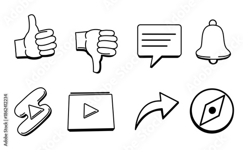 A vector-style collection of nine line-drawn social media and action icons for YouTube including thumbs up, thumbs down, short, chat bubble, bell, play, share, forward arrow, stamp, and compass.
