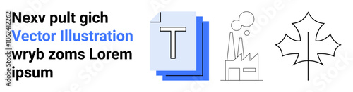 Typography, environmental impact, industrial development, creative design, sustainability concepts, graphical elements. Text block with blue layers, factory icon leaf outline. Typography