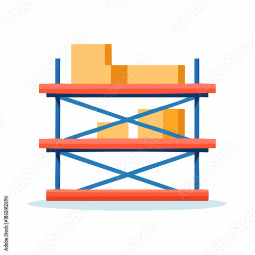 Warehouse Shelving Unit with Boxes Red and Blue Frame.