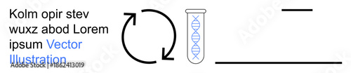 Genetics, research, science, data analysis, DNA replication, laboratory studies. Circular arrows, a test tube with a DNA strand and text. Genetics and research concept