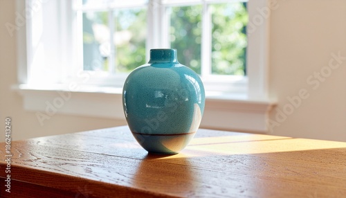 Matte patina blue ceramic vase on wooden table with natural light, minimal interior background