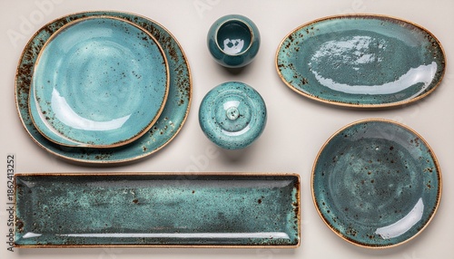 Minimal flat lay with patina blue ceramic objects, clean product background