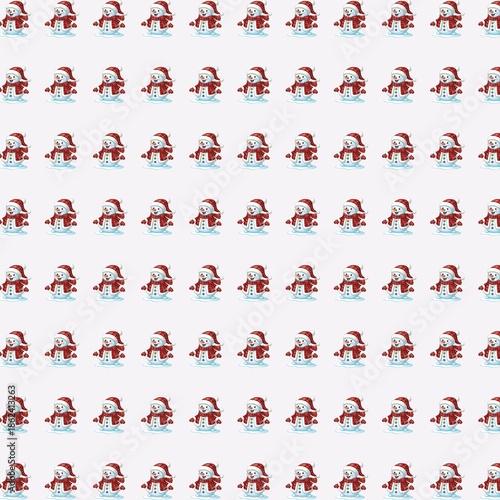 Cute snowman seamless pattern with red scarves and hats on a light background for Christmas design.