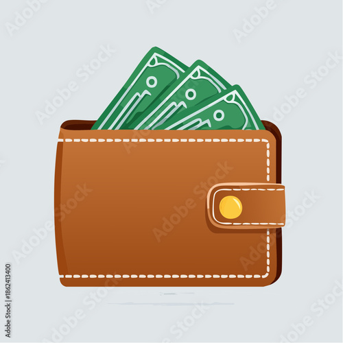 White Wallet with Green Money Stacks Brown and Blue Edges and Gold Button.