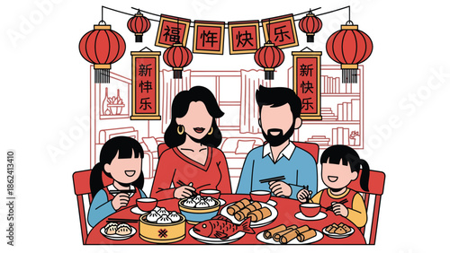 Modern vector illustration of Chinese New Year family dinner with lantern decorations at home, celebrating tradition, togetherness, and festive holiday lifestyle in friendly flat style